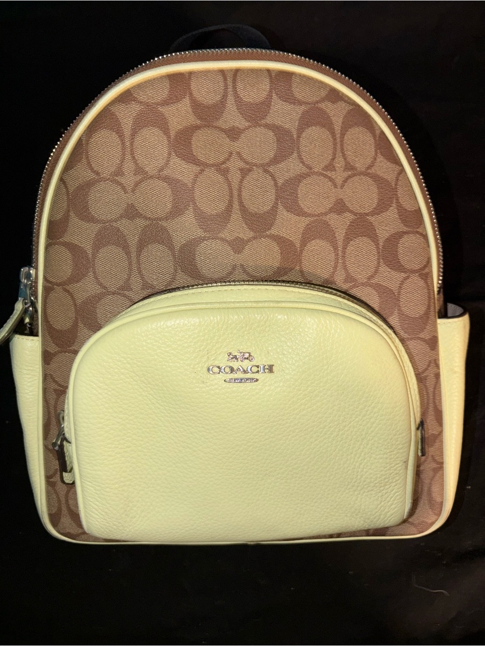 Coach Brown Signature Canvas Backpack with Yellow Leather Trim